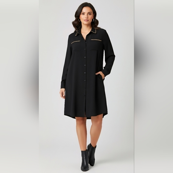 BNWT Vero Moda Curve Black Shirt Dress with Gold Details Sz US 14 Chic Office - Picture 1 of 8